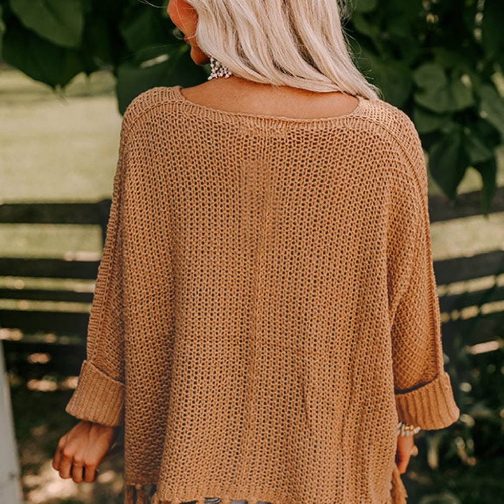 B096 Camel Tasseled Hem Knit Baggy Sweater - Picture 3 of 3